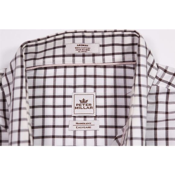 Peter Millar Easy Care Nano Luxe White Brown Check Dress Button Up Shirt Medium - Picture 6 of 6
